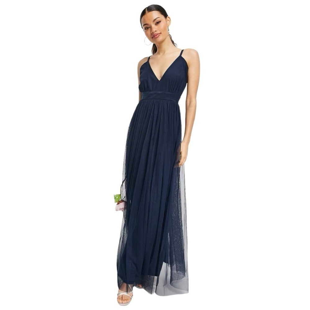 ANAYA WITH LOVE Tulle Plunge V Neck Maxi size 2 Navy Bridesmaid Wedding Formal